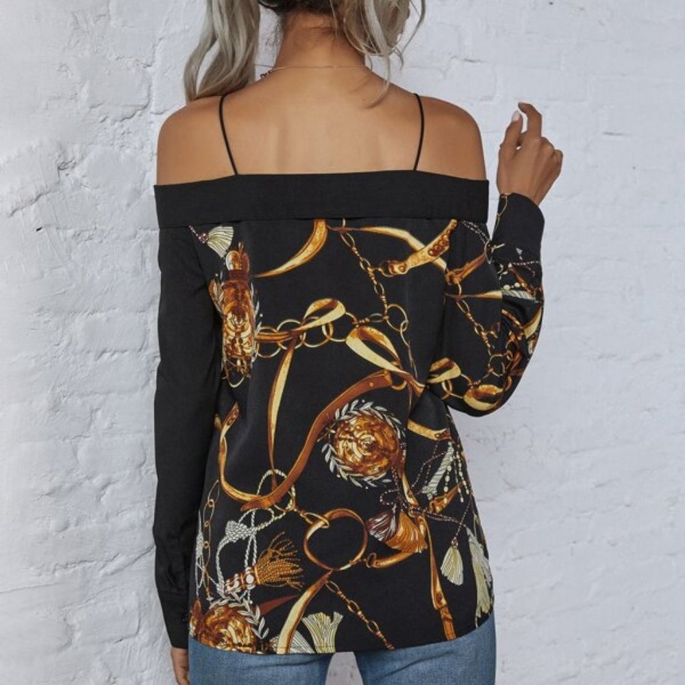 Chic as ever cold shoulder Button down Blouse - Picture 3 of 6